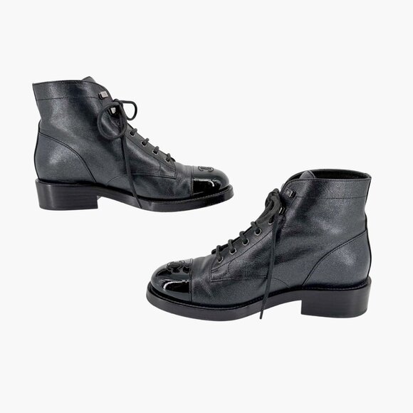 Chanel Black Glitter Leather CC Cap Toe Combat Boots Size 39 US 8–8.5 Women's - Picture 11 of 15